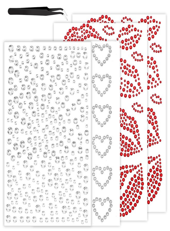 Macuezu 4 Sheets Lip Face Rhinestone Stickers with Tweezers, Face Gems for Women with Red Lip Gems, Self-Adhesive Faces Jewels for Makeup, Party, Music Festival, Kiss Jewels Red Rhinestone Stickers - Image 1
